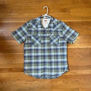 LEVI'S PEARL SNAP WESTERN SHORT SLEEVE BUTTON DOWN GREEN & BLUE PLAID L/XL